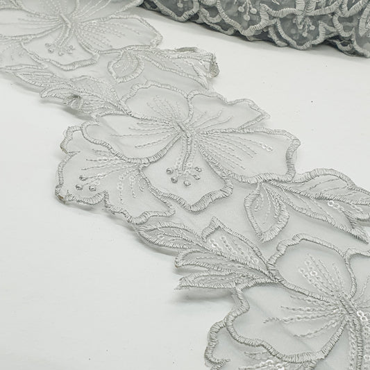 1m 14cm grey embroidered net floral lace with transparent sequins