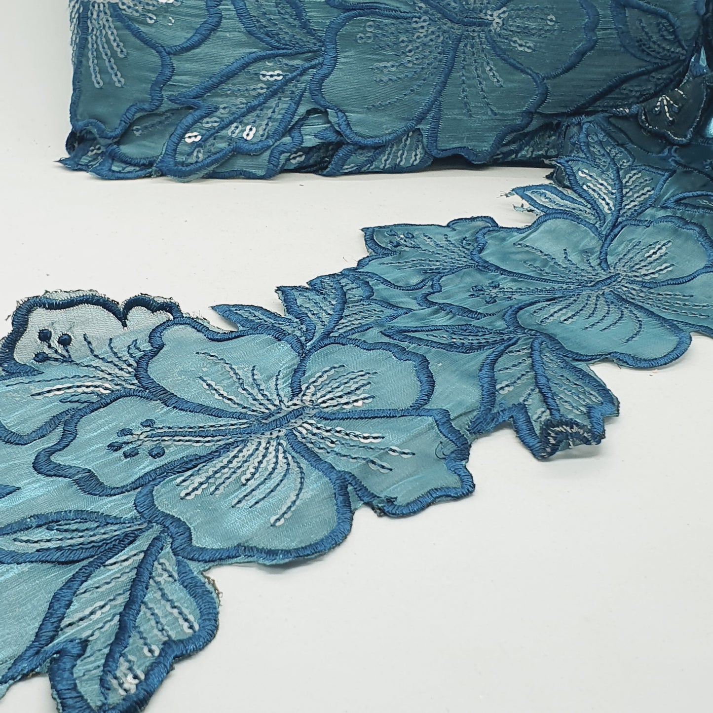 1m 14cm petrol teal embroidered net floral lace with transparent sequins