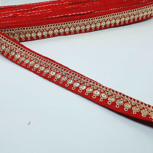 1m red sequin embroidered taffeta Indian ribbon 25mm