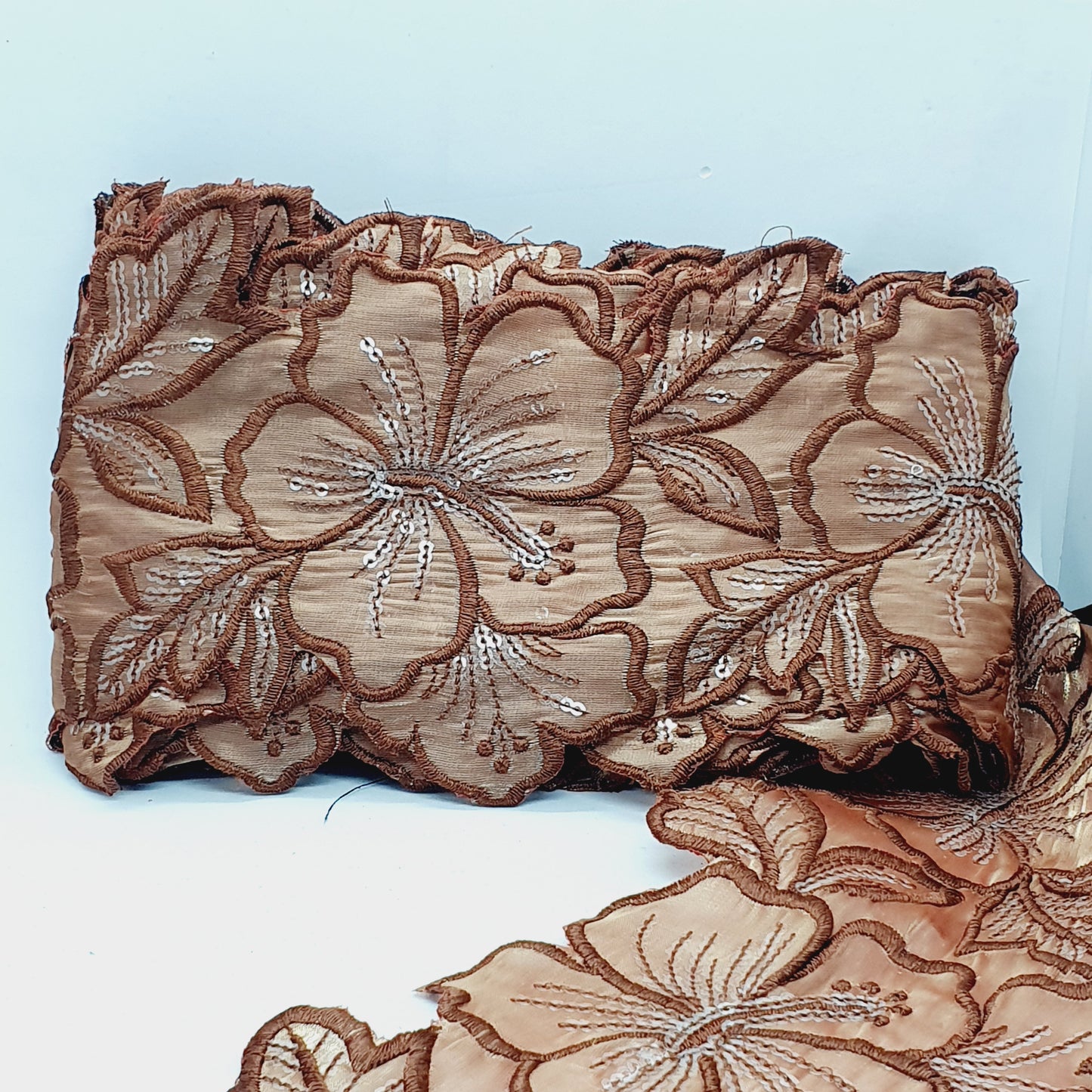 1m 14cm brown embroidered net floral lace with transparent sequins