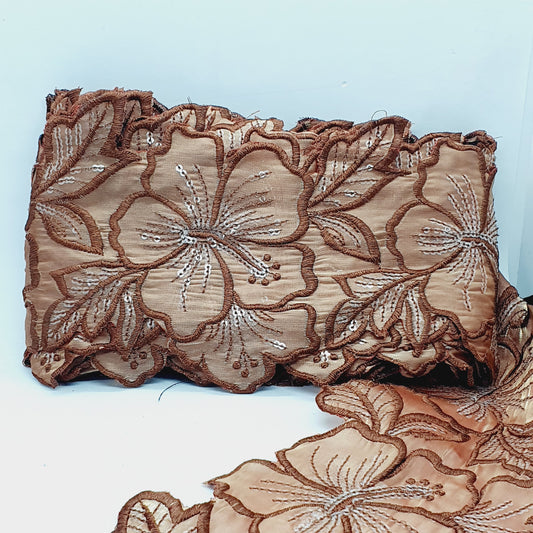 1m 14cm brown embroidered net floral lace with transparent sequins