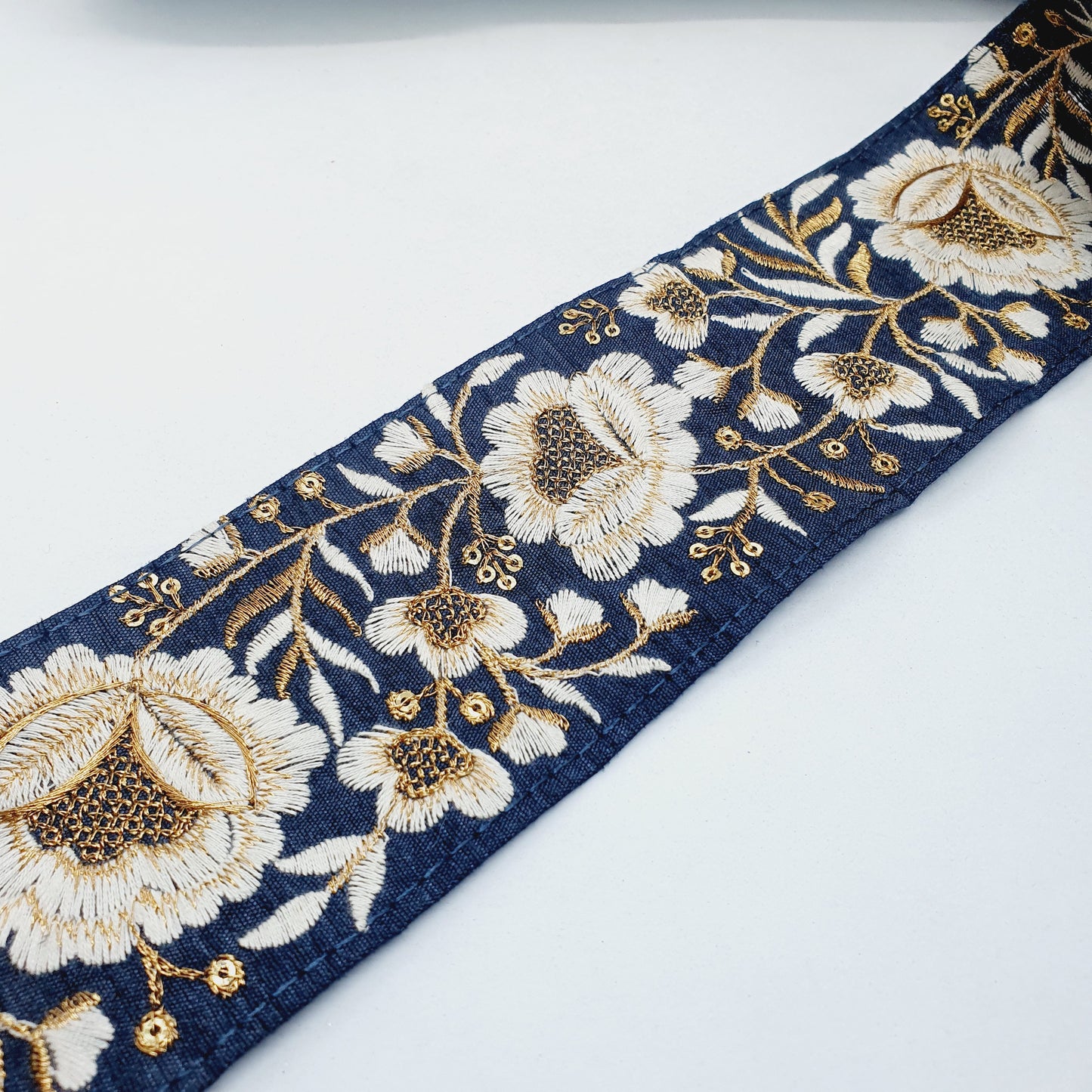 1m 7.5cm navy cream deep gold flower indian embroidered saree border ribbon