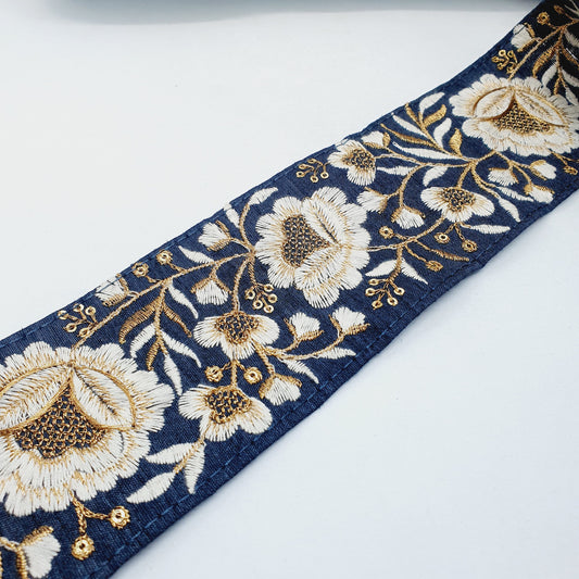 1m 7.5cm navy cream deep gold flower indian embroidered saree border ribbon
