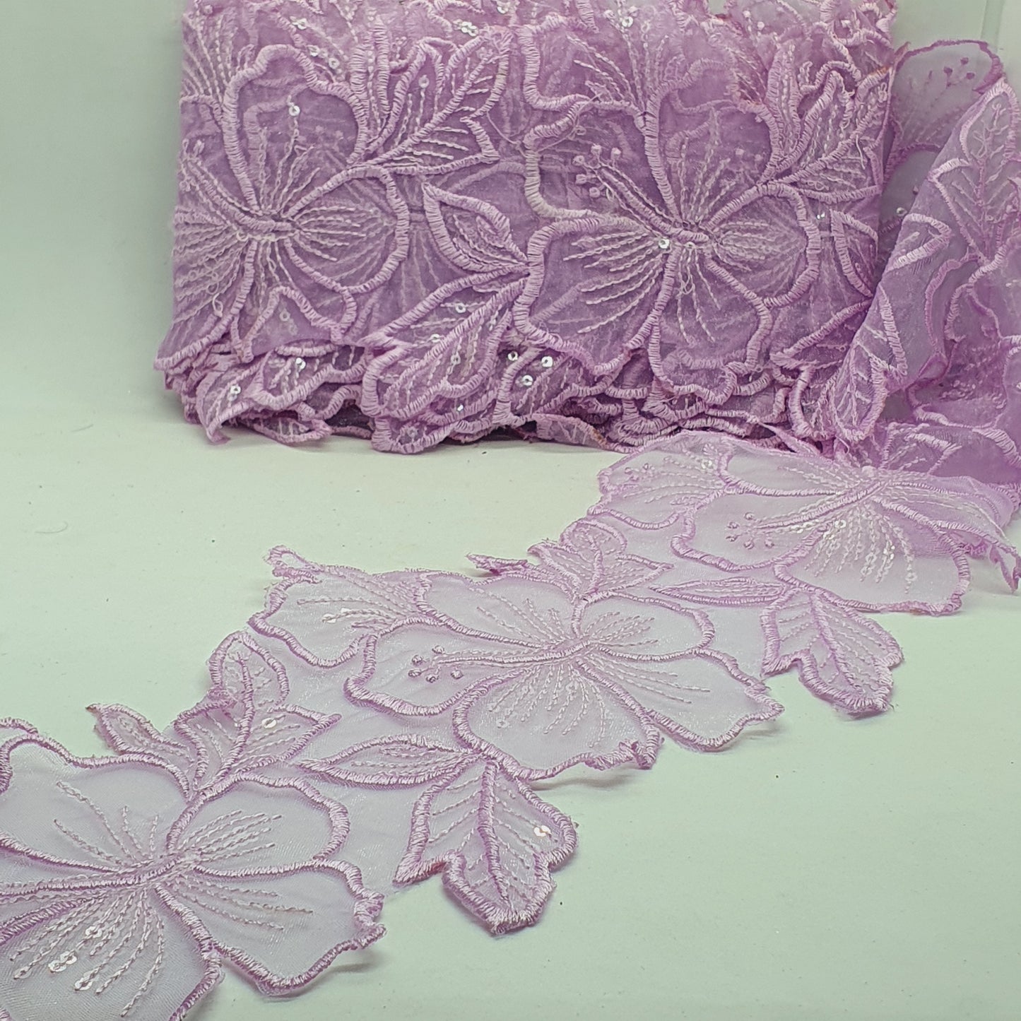 1m 14cm lilac embroidered net floral lace with transparent sequins