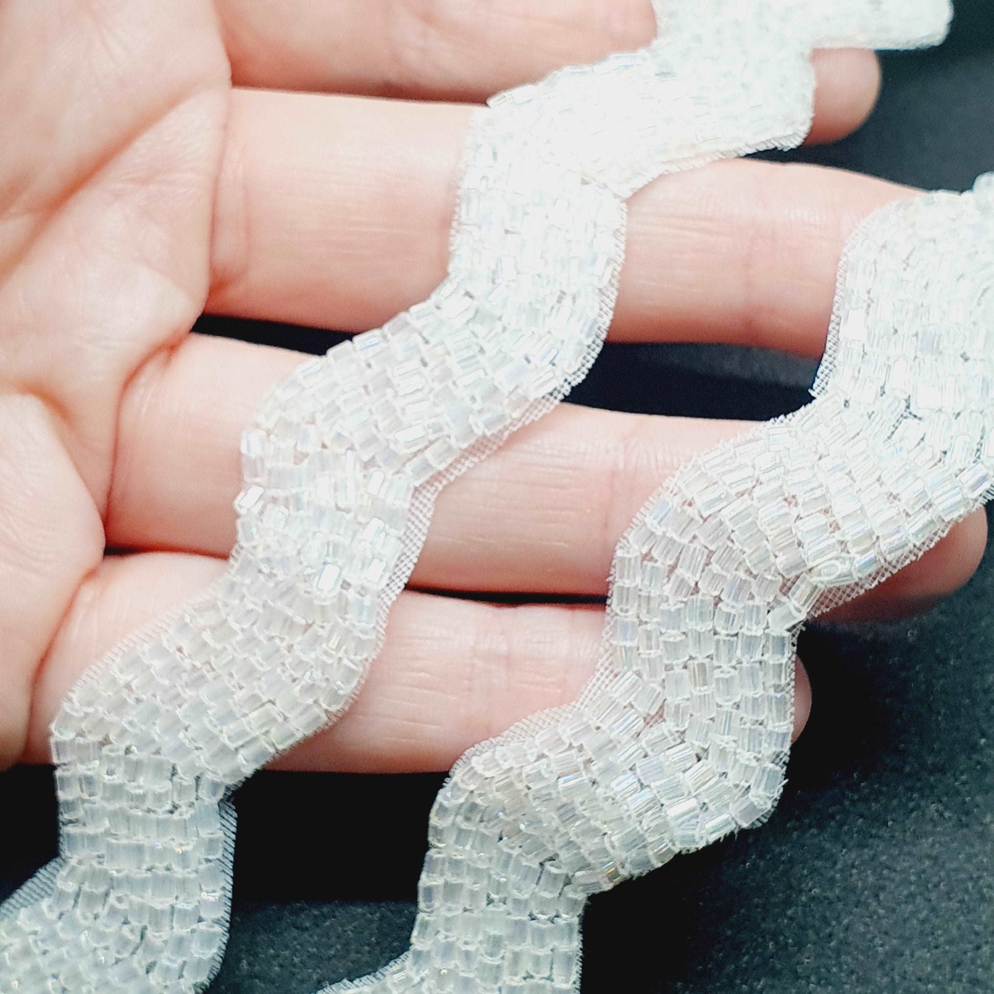 1m white AB seed bead braid wave ribbon trimming