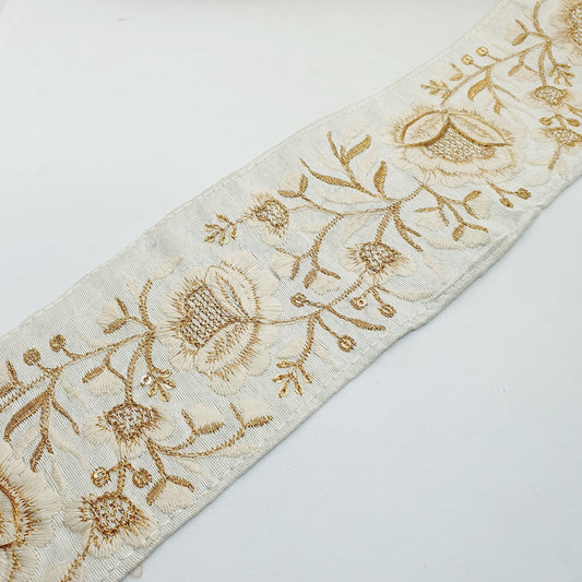1m 7.5cm ivory cream deep gold flower indian embroidered saree border ribbon