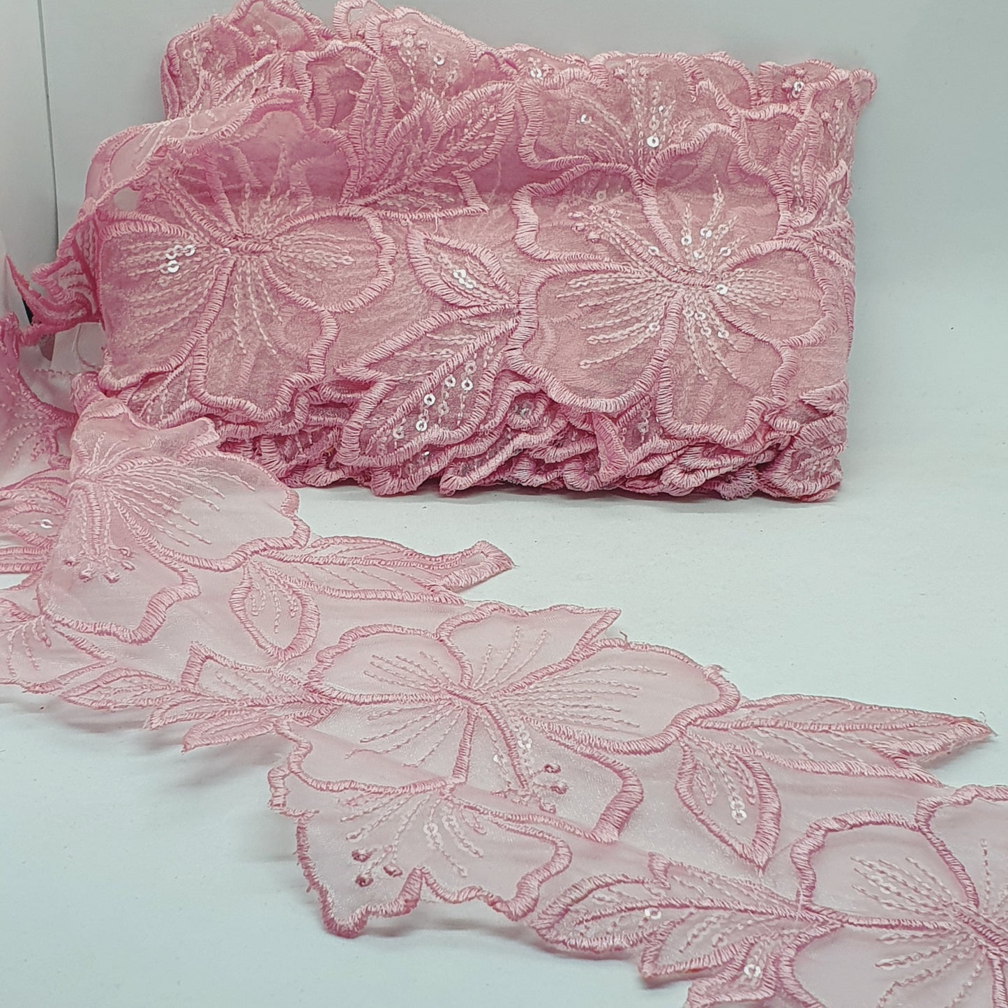 1m 14cm dusty pink embroidered net floral lace with transparent sequins