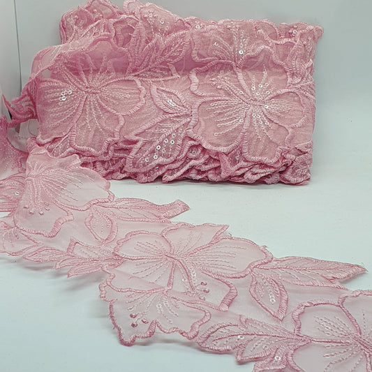 1m 14cm dusty pink embroidered net floral lace with transparent sequins