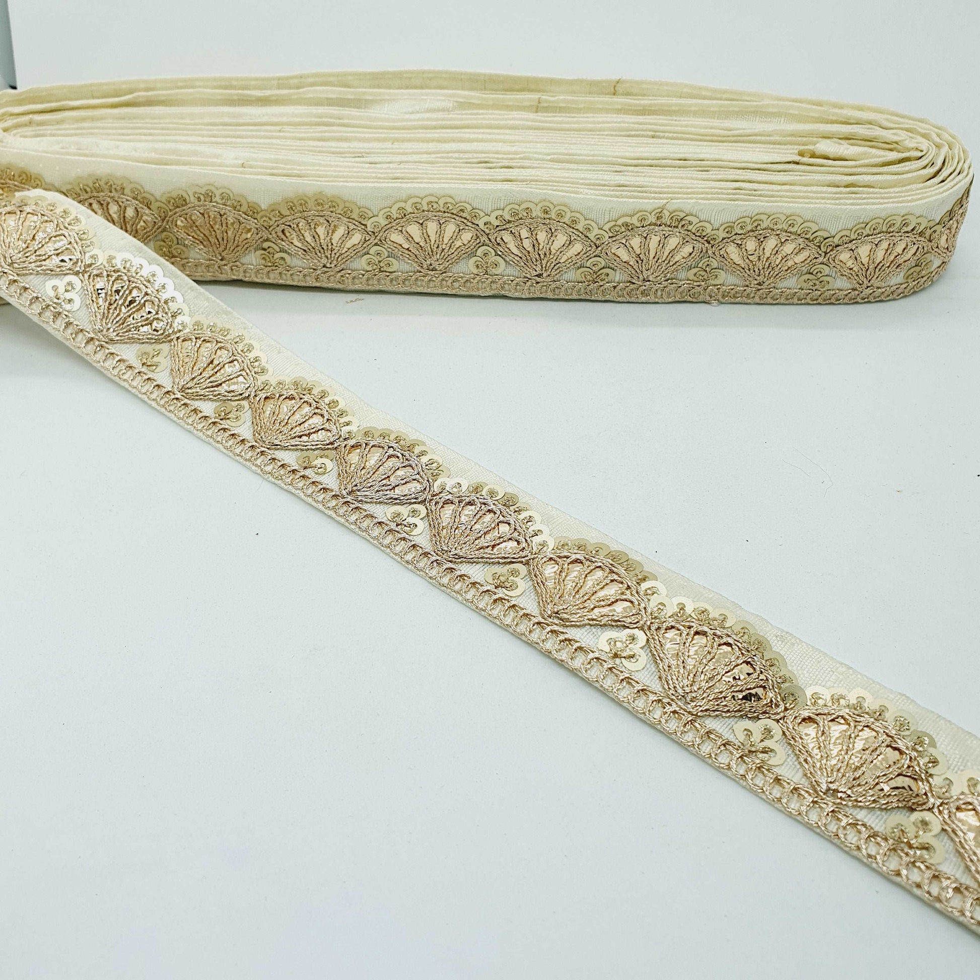 1m cream sequin embroidered taffeta Indian ribbon 30mm