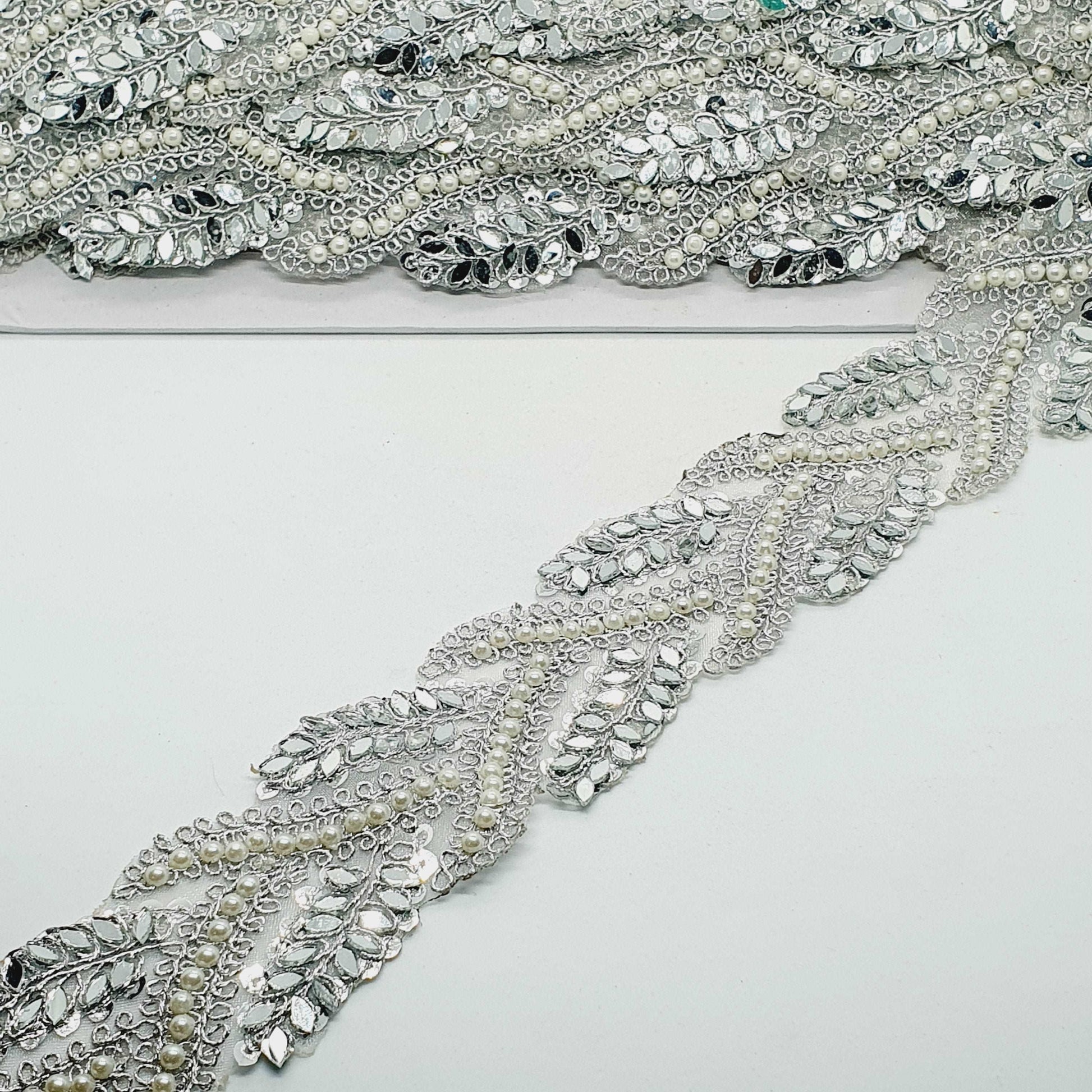 1m 5.5cm silver sequin, pearl & mirror Indian embellished lace ribbon