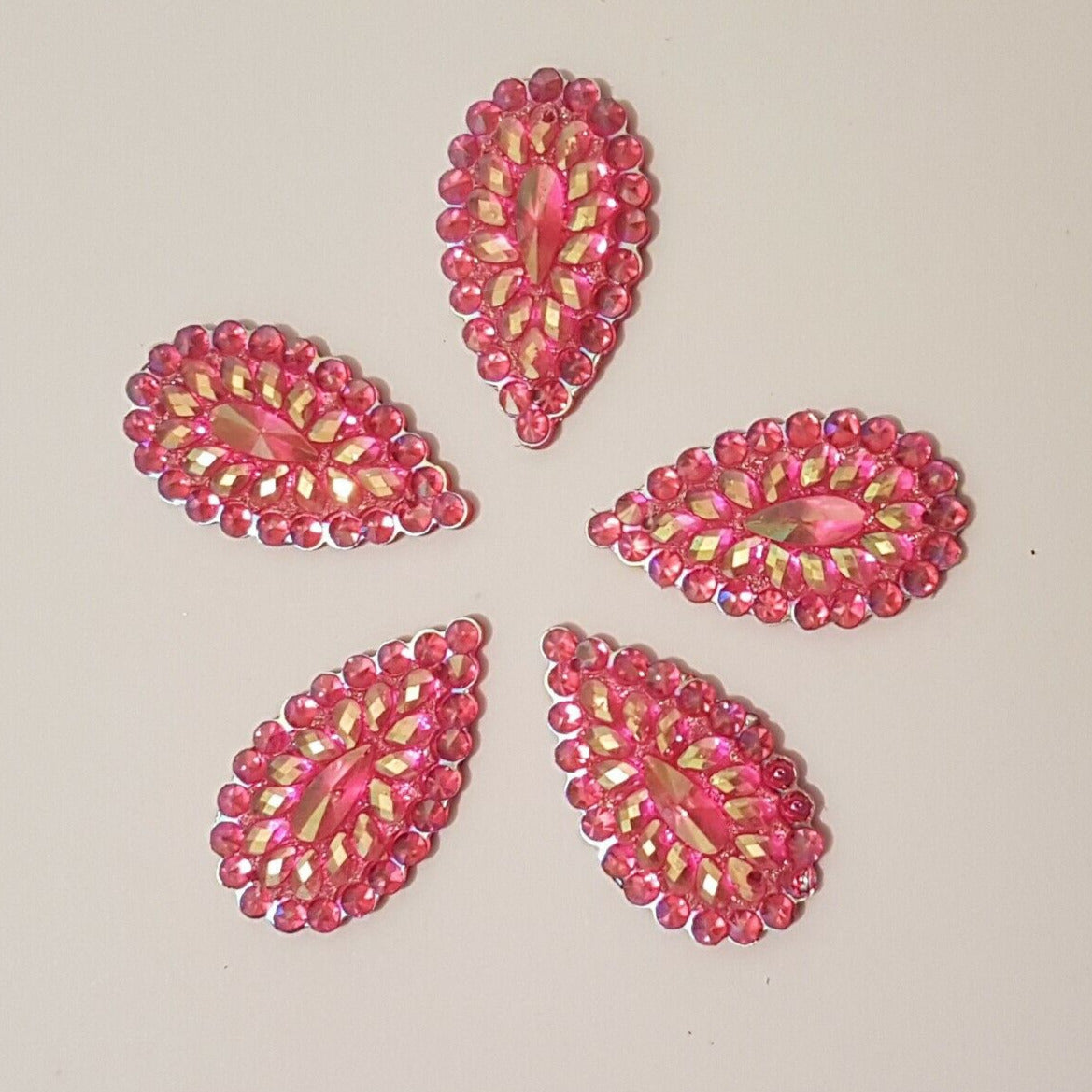 5x 28mm Rose pink AB textured acrylic sew on rhinestone gem pear drop