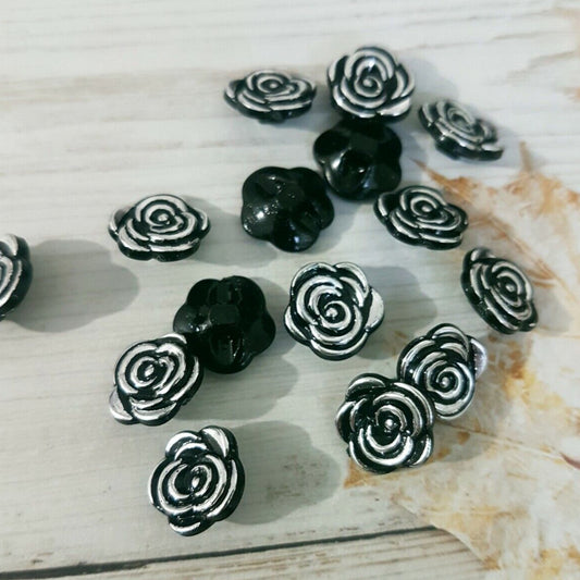 5x 12mm jacket coat shirt black silver rose sew on button