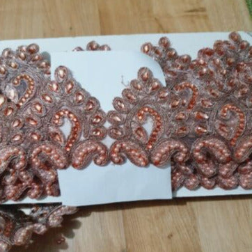 1m 8cm Metallic rose pink peach lace applique with crystals & pearls