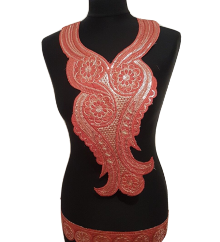 1x rust gold embroidered sequin applique collar/ neckline applique