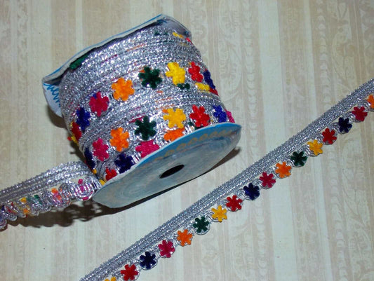 1m 23mm silver multi colour MULTI embroidered ribbon BRAID