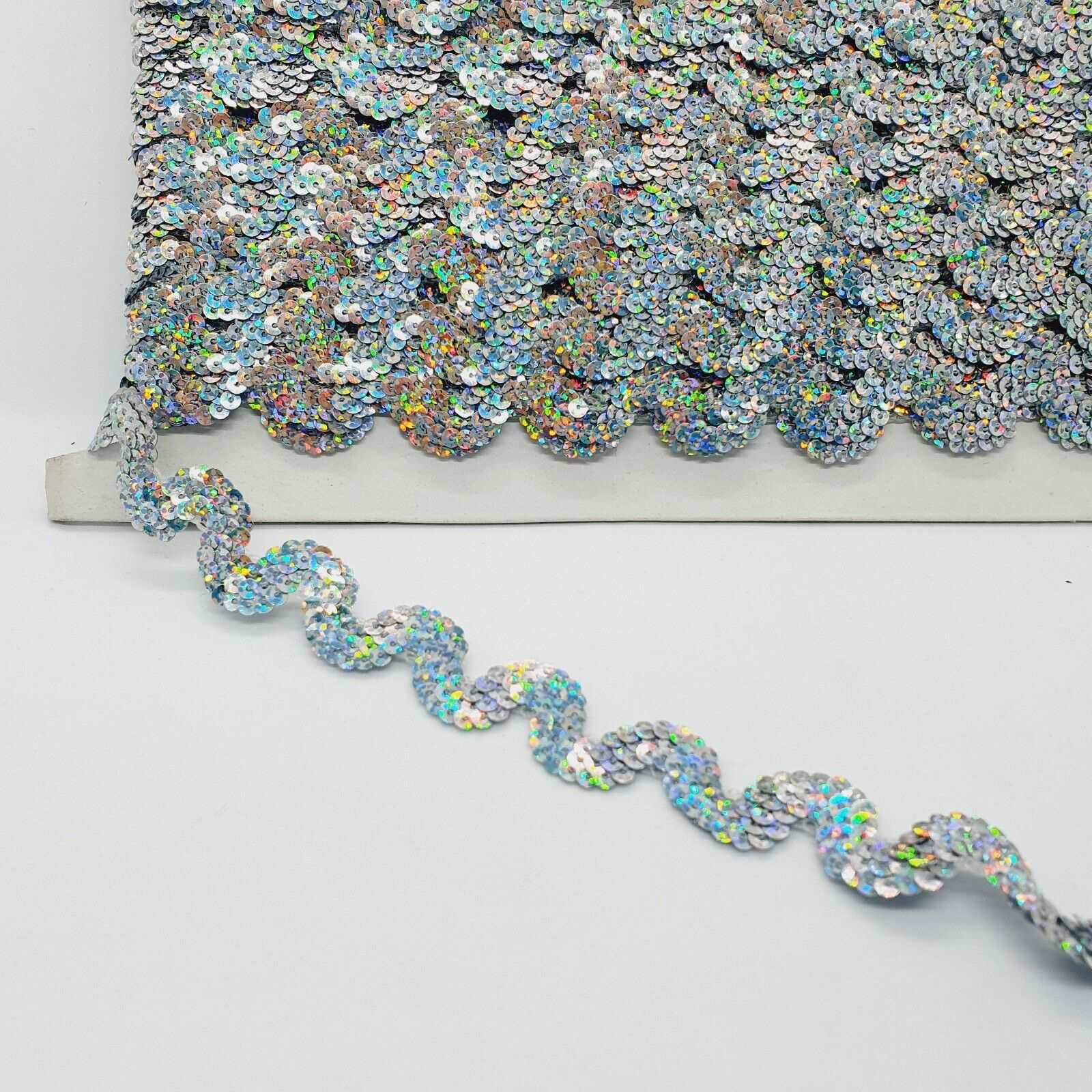 1m silver hologram sequin Ric rac wave braid trimming ribbon 18mm