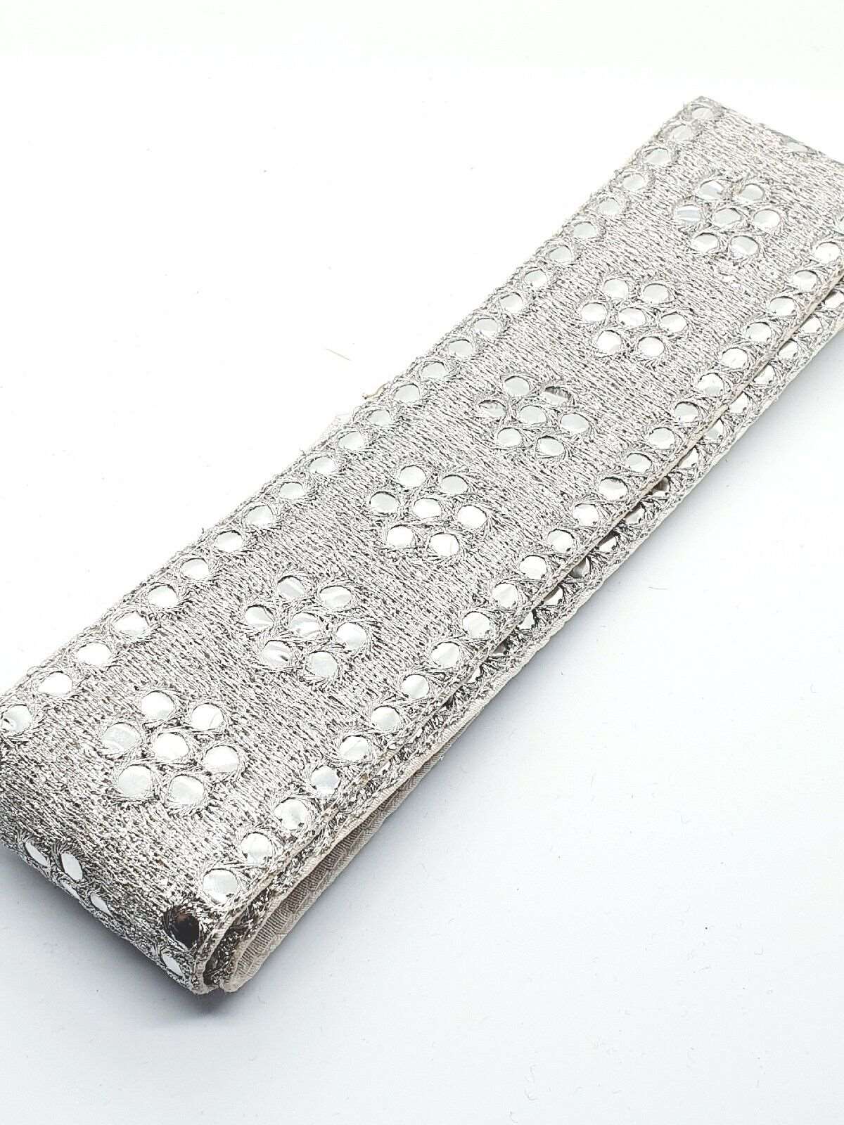 1m 55mm metallic sequin silver jacquard embroidered ribbon