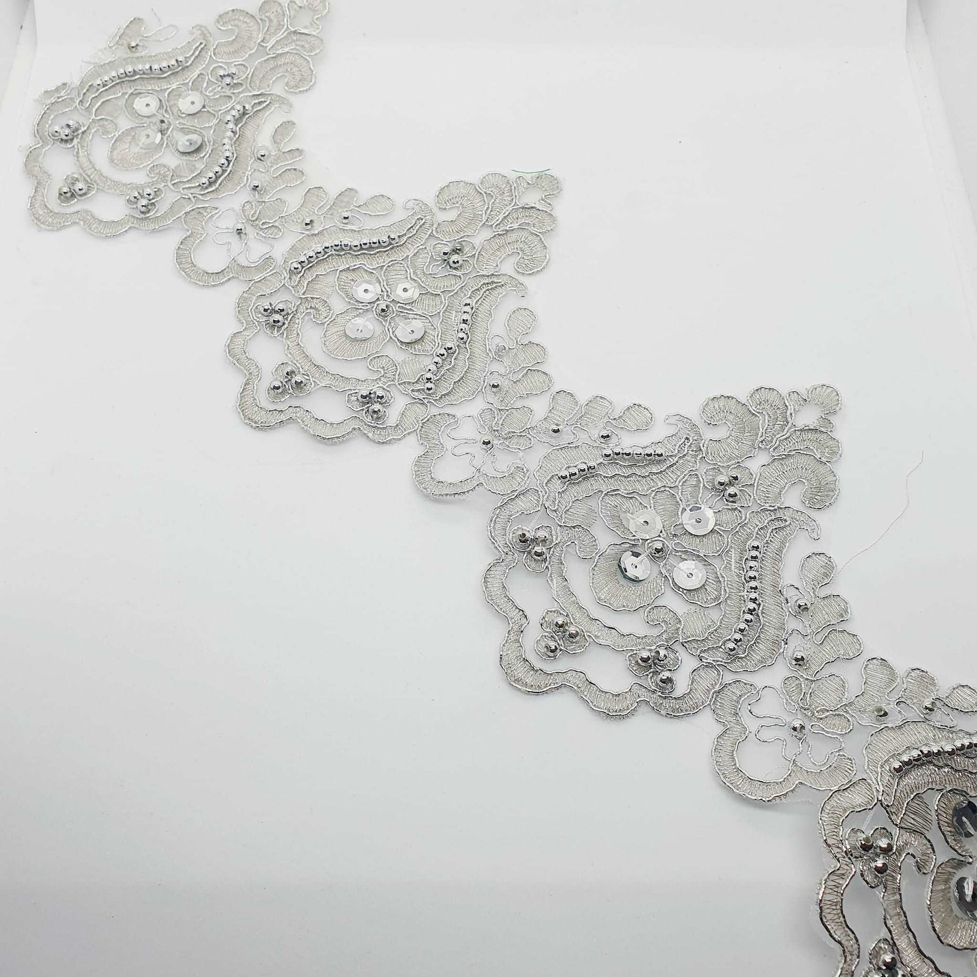 1m 11cm Silver embroidered beaded lace floral scallop edge