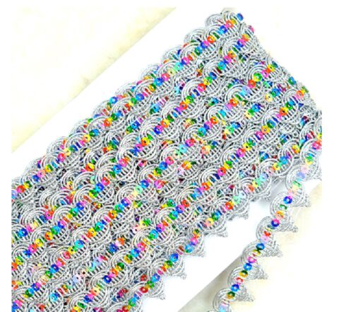 20mm metallic silver rainbow sequin looped edge BRAID embroidered trimming