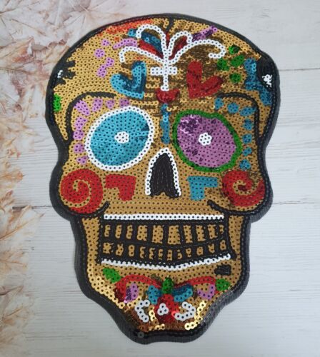 1x GOLD multi DOTD skull sequin applique HOT-FIX 27cm