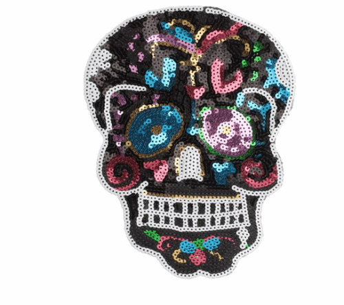 1x BLACK multi DOTD skull sequin applique HOT-FIX 27cm