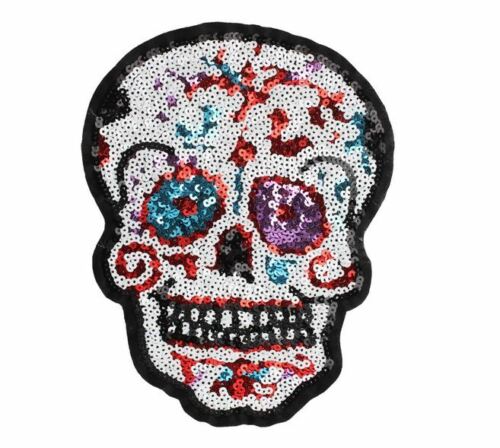 1x WHITE multi DOTD skull sequin applique sew on NON HOT-FIX 26cm