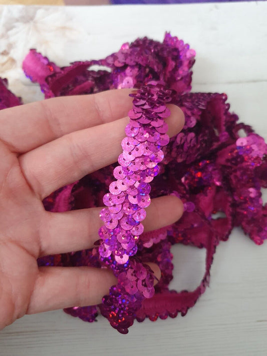 1m pink hologram sequin Stretch elastic Elasticated 2cm Trim