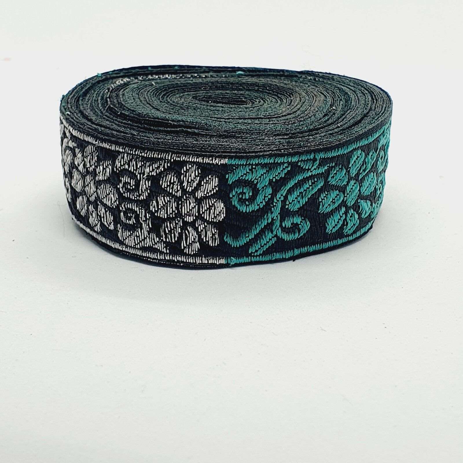 1m 27mm black silver & teal jacquard embroidered ribbon