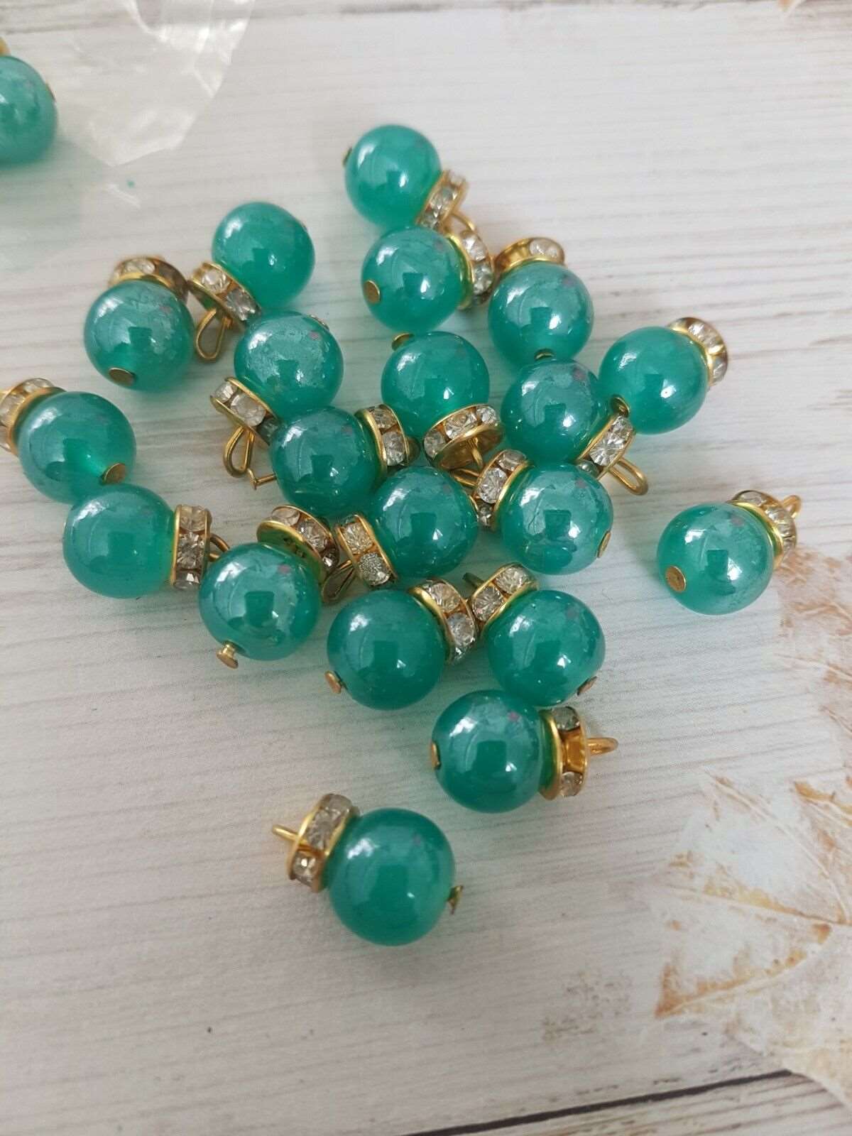 5x 15mm teal green pearly bead crystal gem dress button rhinestone