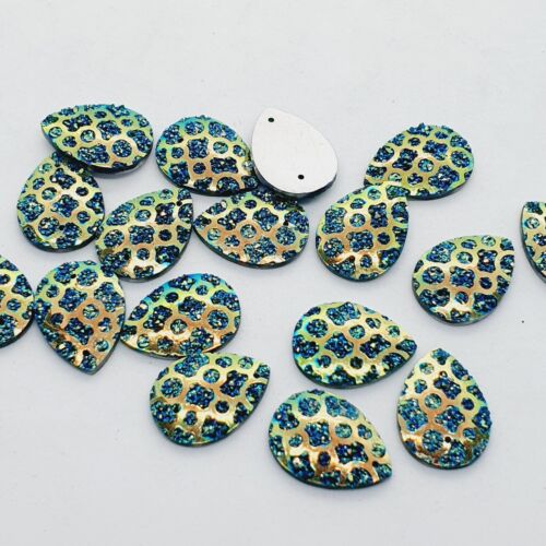 10x 18mm teal blue AB textured acrylic sew on rhinestone gem pear drop