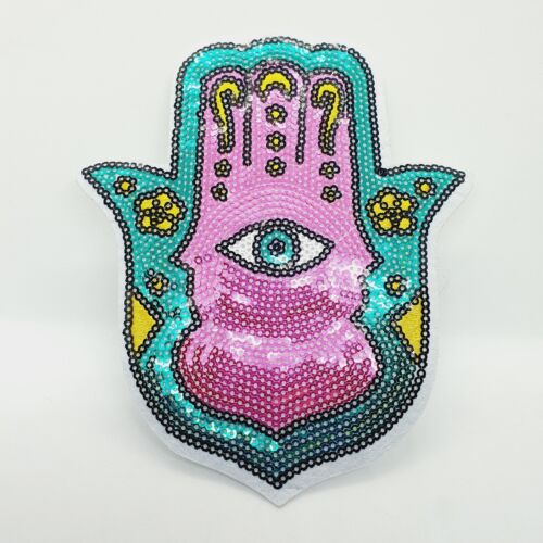 1x Turkish evil eye Hand of Fatima sequin applique HOT-FIX