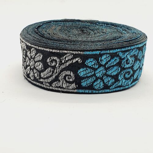 1m 27mm black silver & turquoise blue jacquard embroidered ribbon