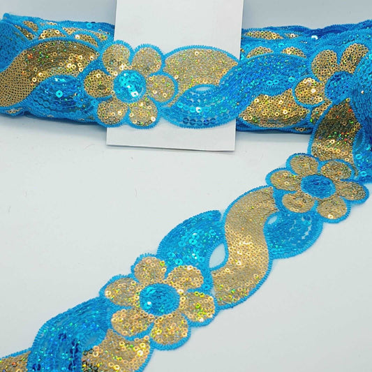 1m 6cm flower net lace with turquoise & gold hologram sequins