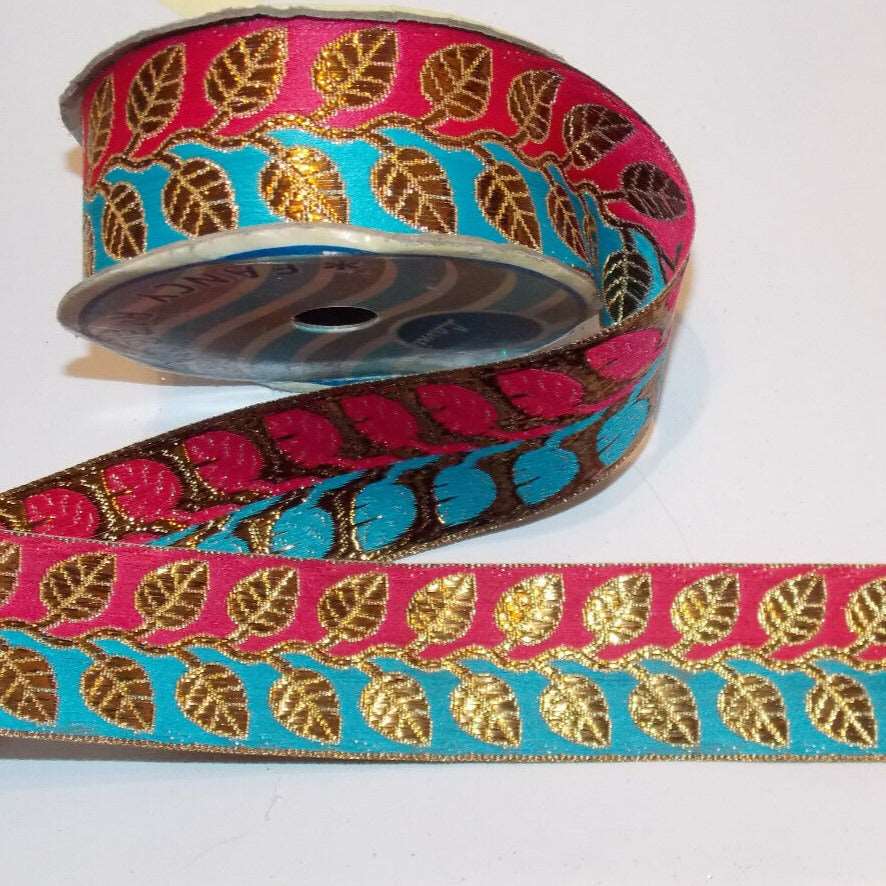 1m 45mm metallic gold bronze & turquoise pink embroidered ribbon