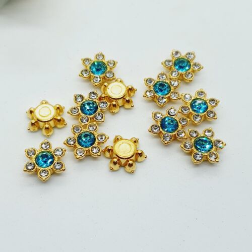 5x 12mm gold CLEAR & TURQUOISE BLUE glue on rhinestone gem flower shape