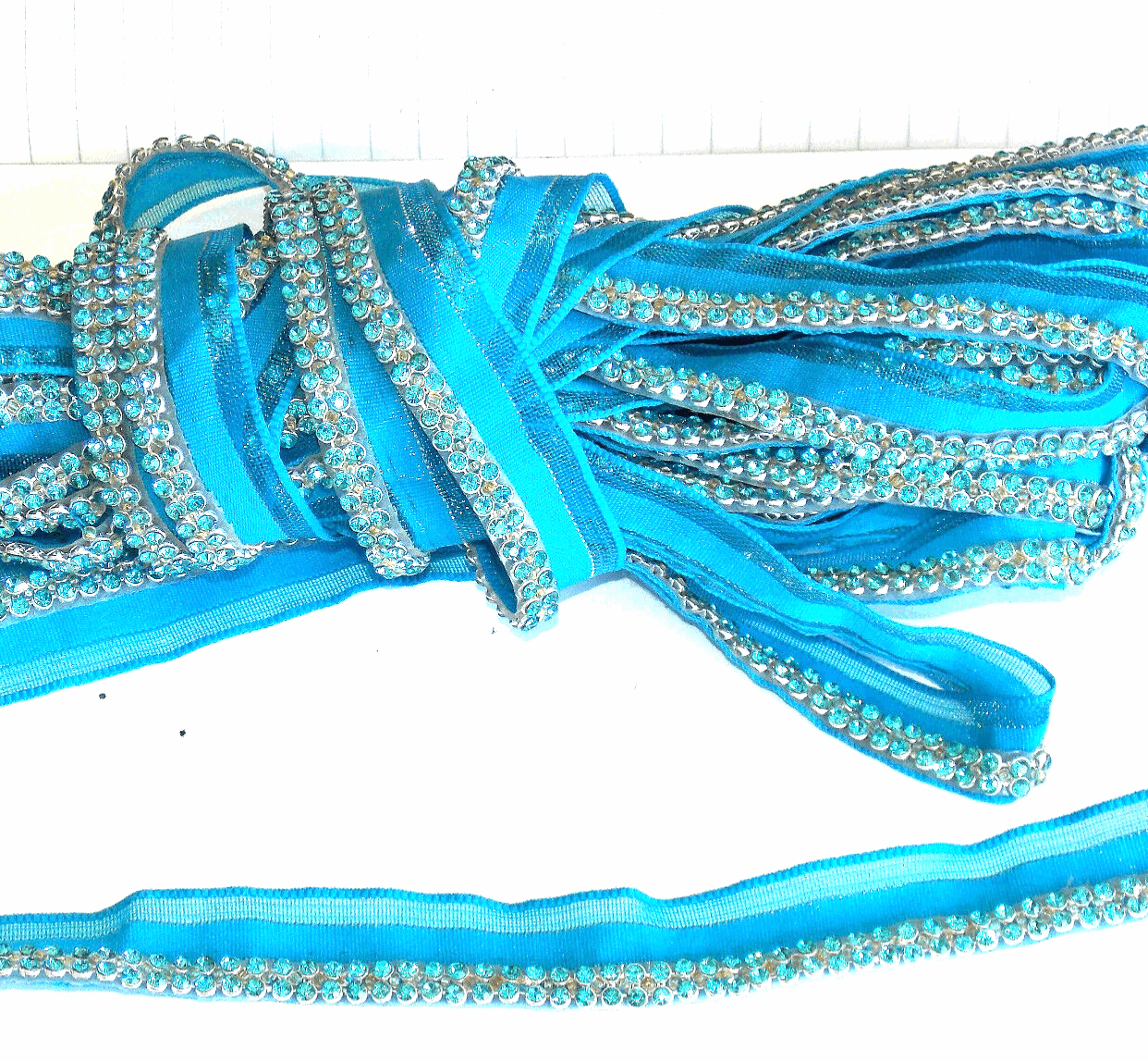 1m turquoise blue crystal embroidered seam edge ribbon braid 20mm