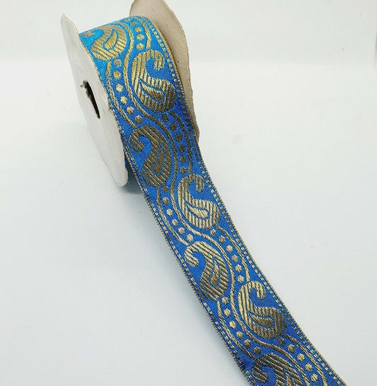 1m 38mm turqoise gold paisley jacquard embroidered ribbon