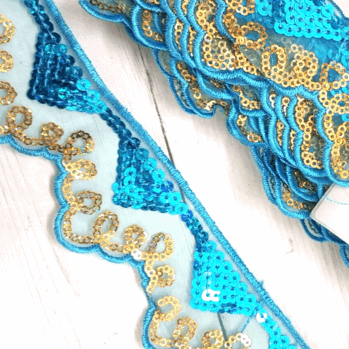 1m 5cm net lace with turquoise blue & gold hologram sequins