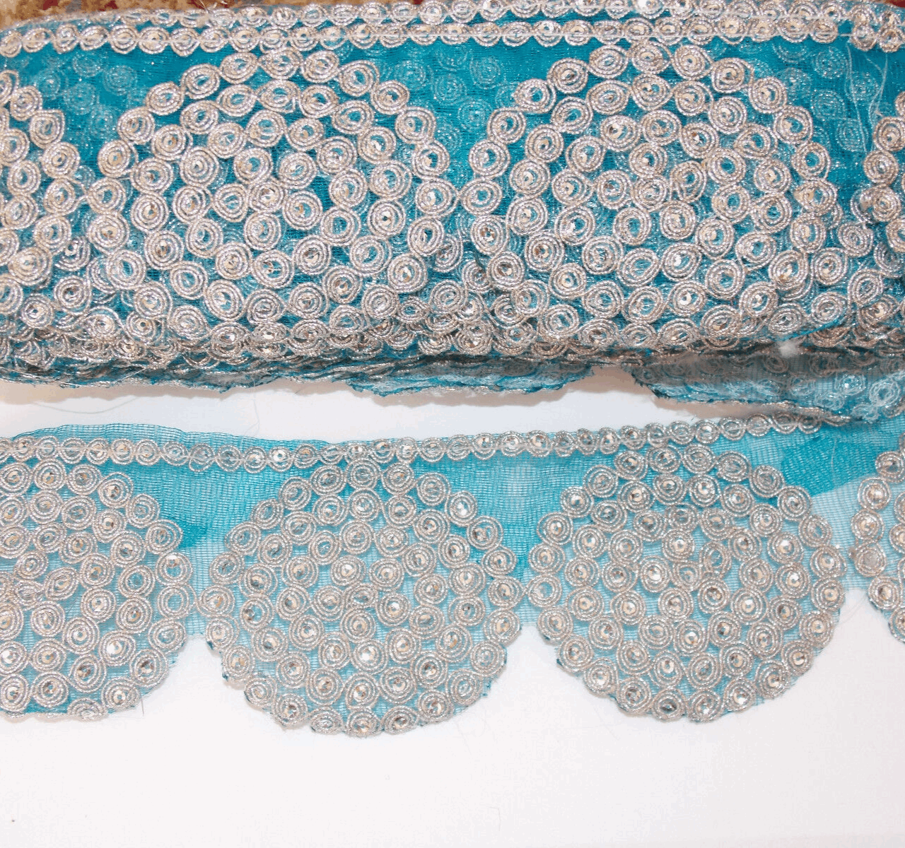 1m 7cm turquoise blue & silver sequin embroidered net lace