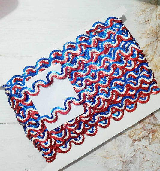 1m red white blue USA sequin Ric rac wave braid trimming ribbon 20mm