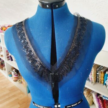 1x black embroidered net applique patch/ collar/ neckline sequin