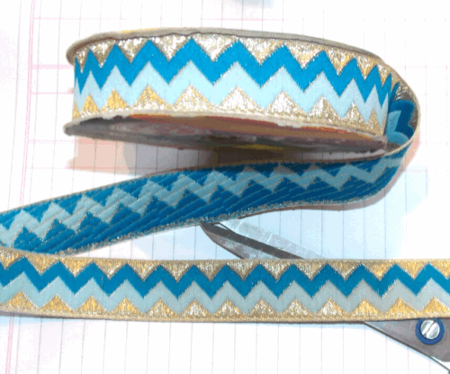 1m 22mm gold blue turquoise embroidered ribbon