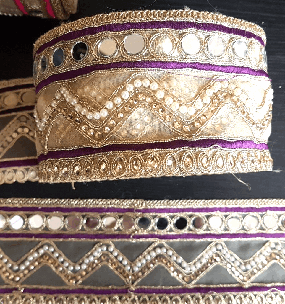 1m 8.5cm purple & gold crystal lace indian embroidered ribbon with pearls and mirror