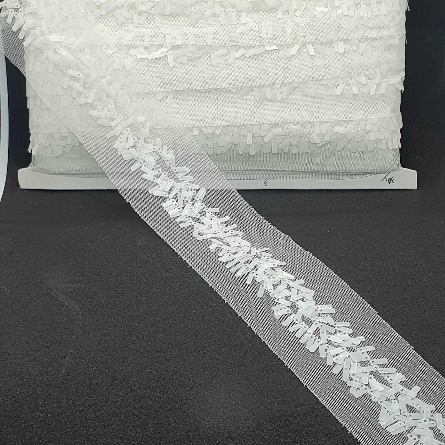 1m white and white sequin braid net trimming ribbon 55mm