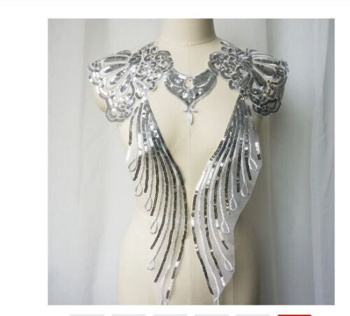 5pc white embroidered net applique patch/ collar/ neckline silver sequin