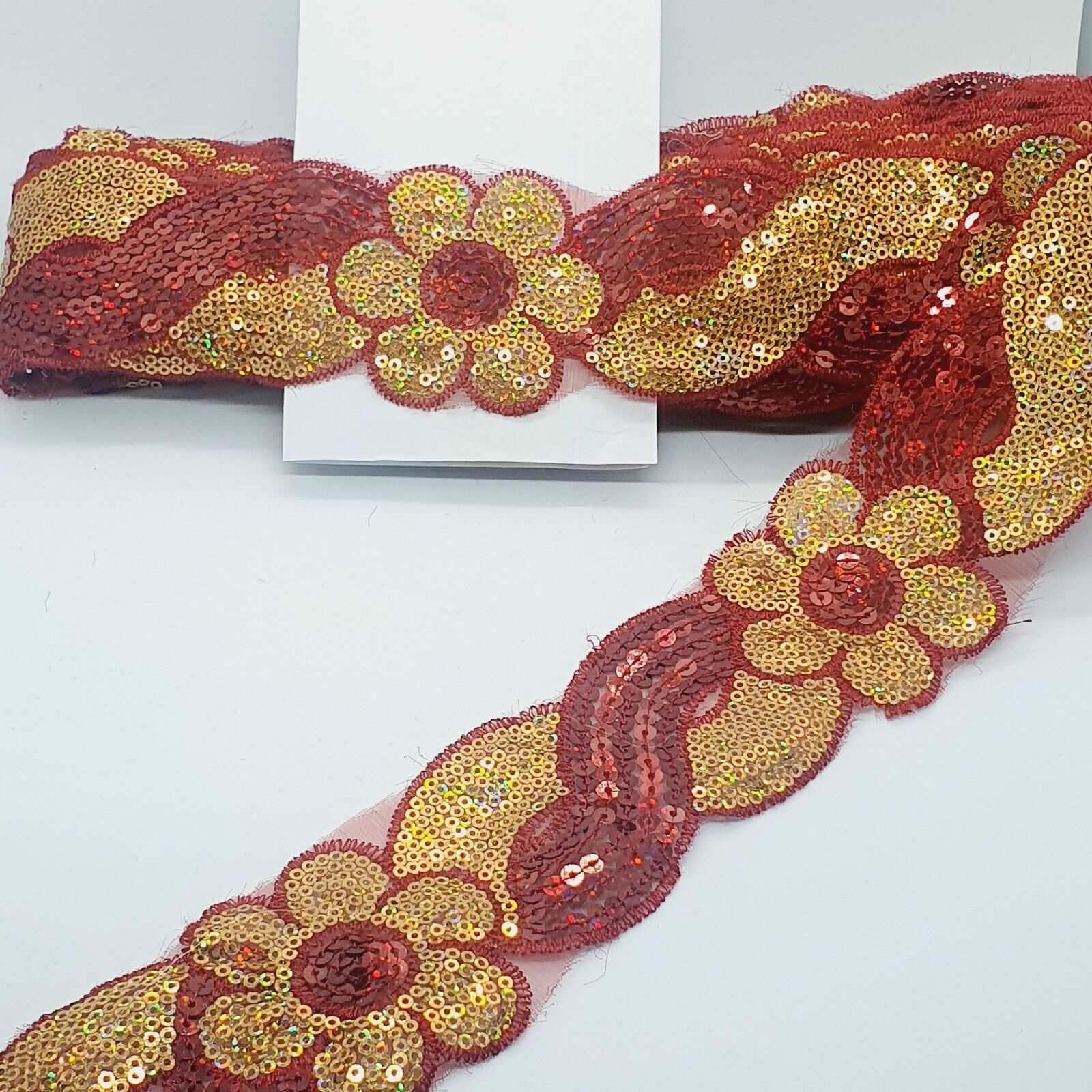 1m 6cm flower net lace with wine & gold hologram sequins