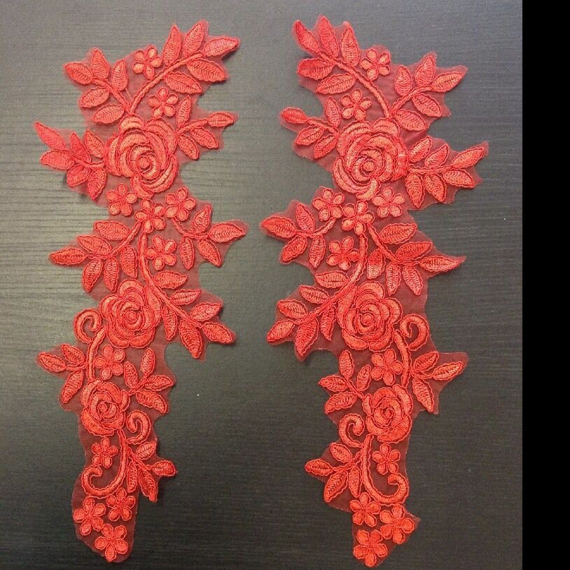 1x pair of red flower embroidered applique patch 37cms