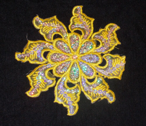 1x yellow sequin flower applique HOT-FIX 14cm