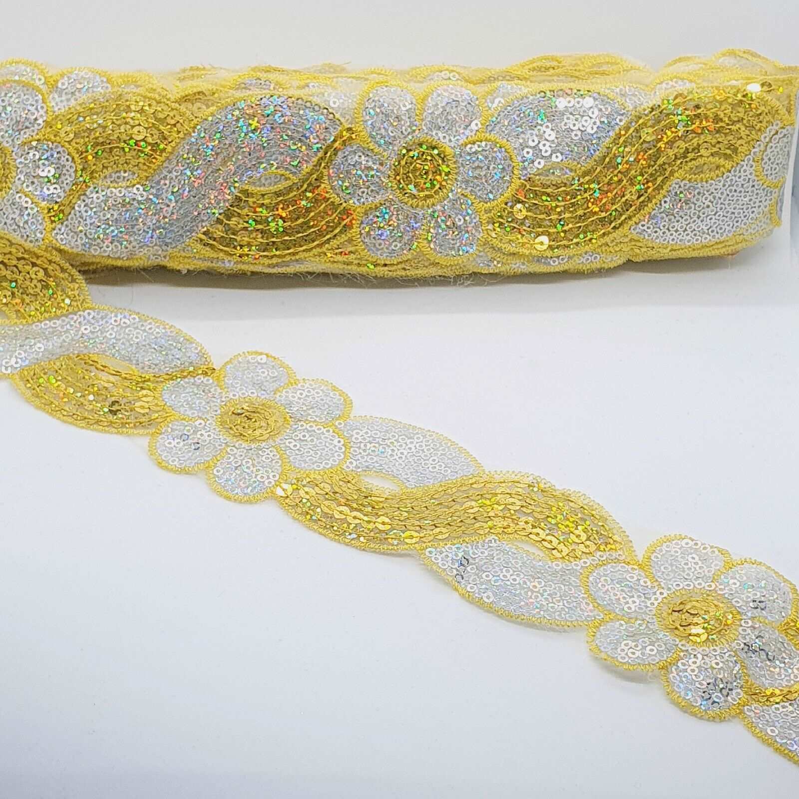 1m 6cm flower net lace with yellow silver hologram sequins